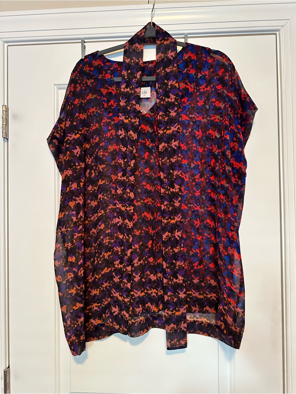 CAbi Multicolor Abstract Cap-Sleeve Blouse in Black, Red, Blue & Purple